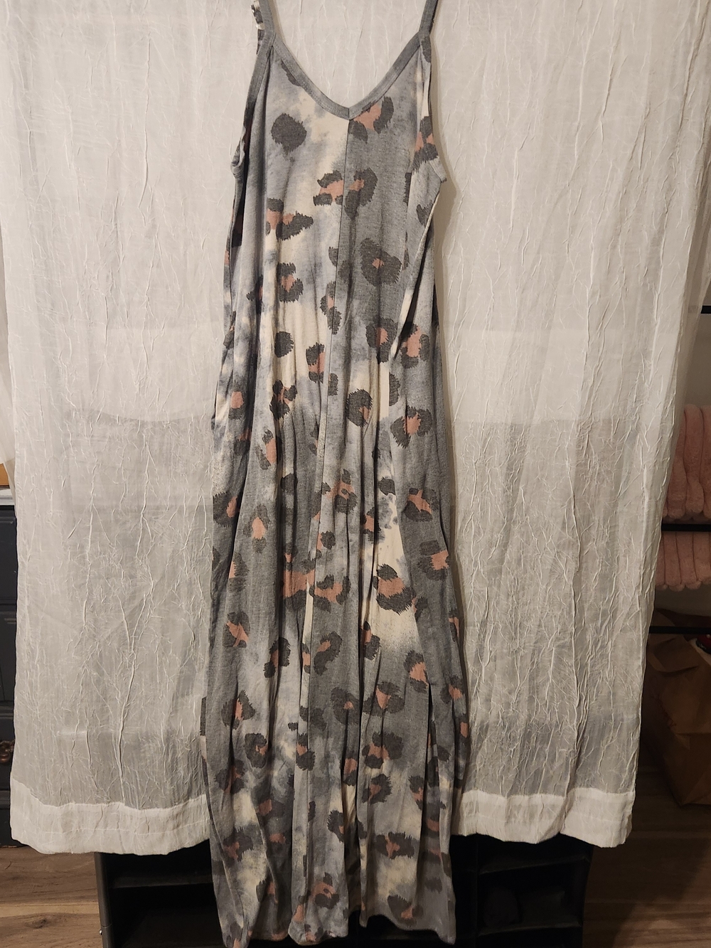 Zenana Outfitters Gray Leopard-Print Maxi Dress with Pink Spots